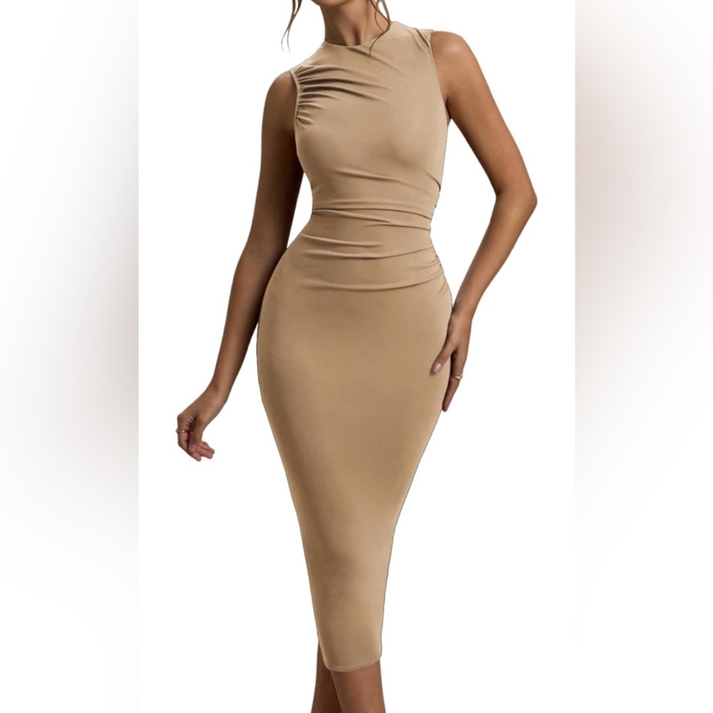 Chic Sleeveless Tan Midi Dress